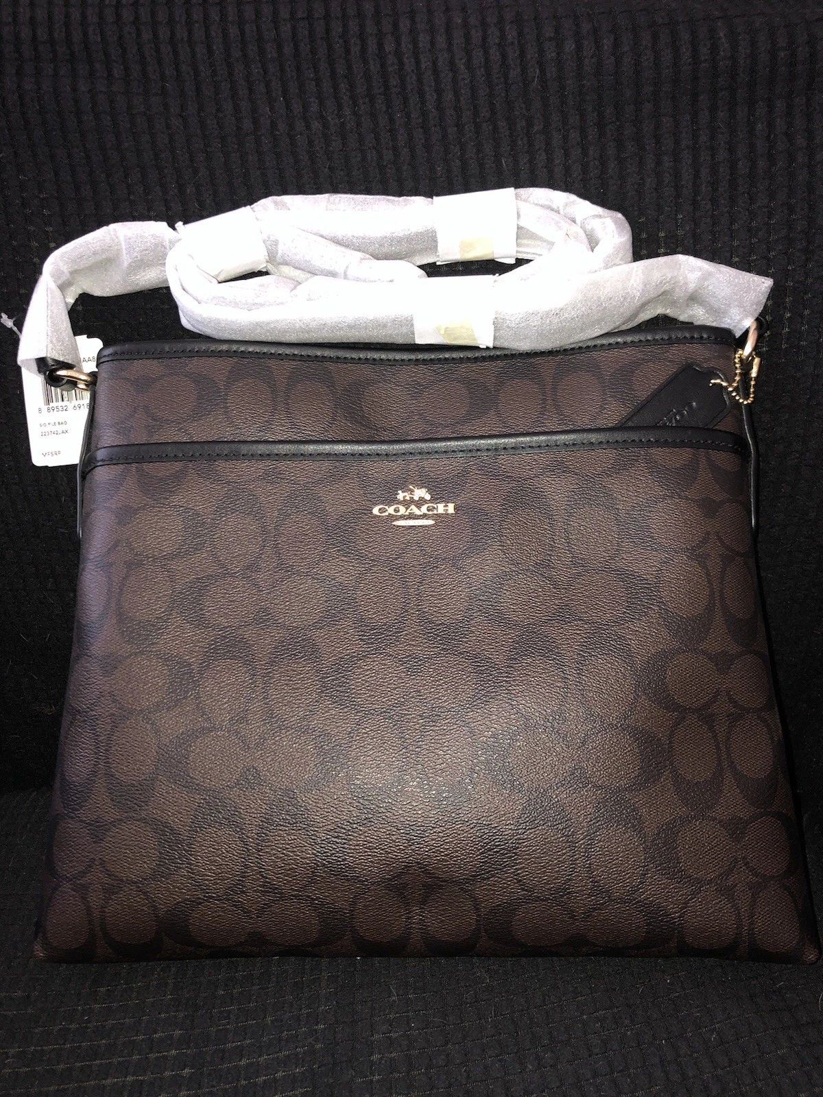 Borsa a tracolla Coach Signature Zip File marrone nero F58297 nuova con etichette borsa $ 225