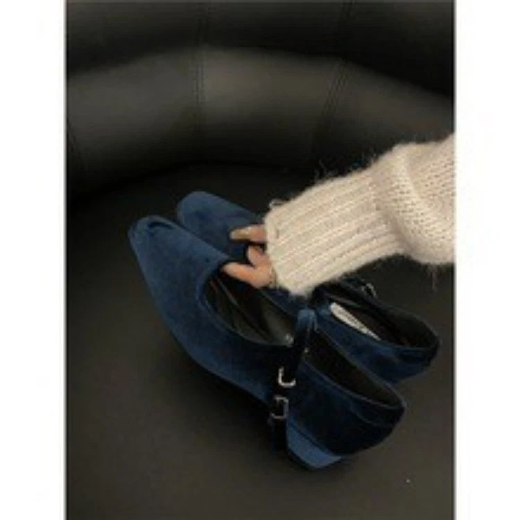 Zapatos Retro Terciopelo, Mary Jane Cabeza Cuadrada, Ballet Suelas de Cuero Real Zapatos de Mujer Foto 3 de 4