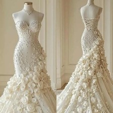 Boho Mermaid Wedding Dresses Sweetheart Sleeveless Lace 3D Flowers Bridal Gowns