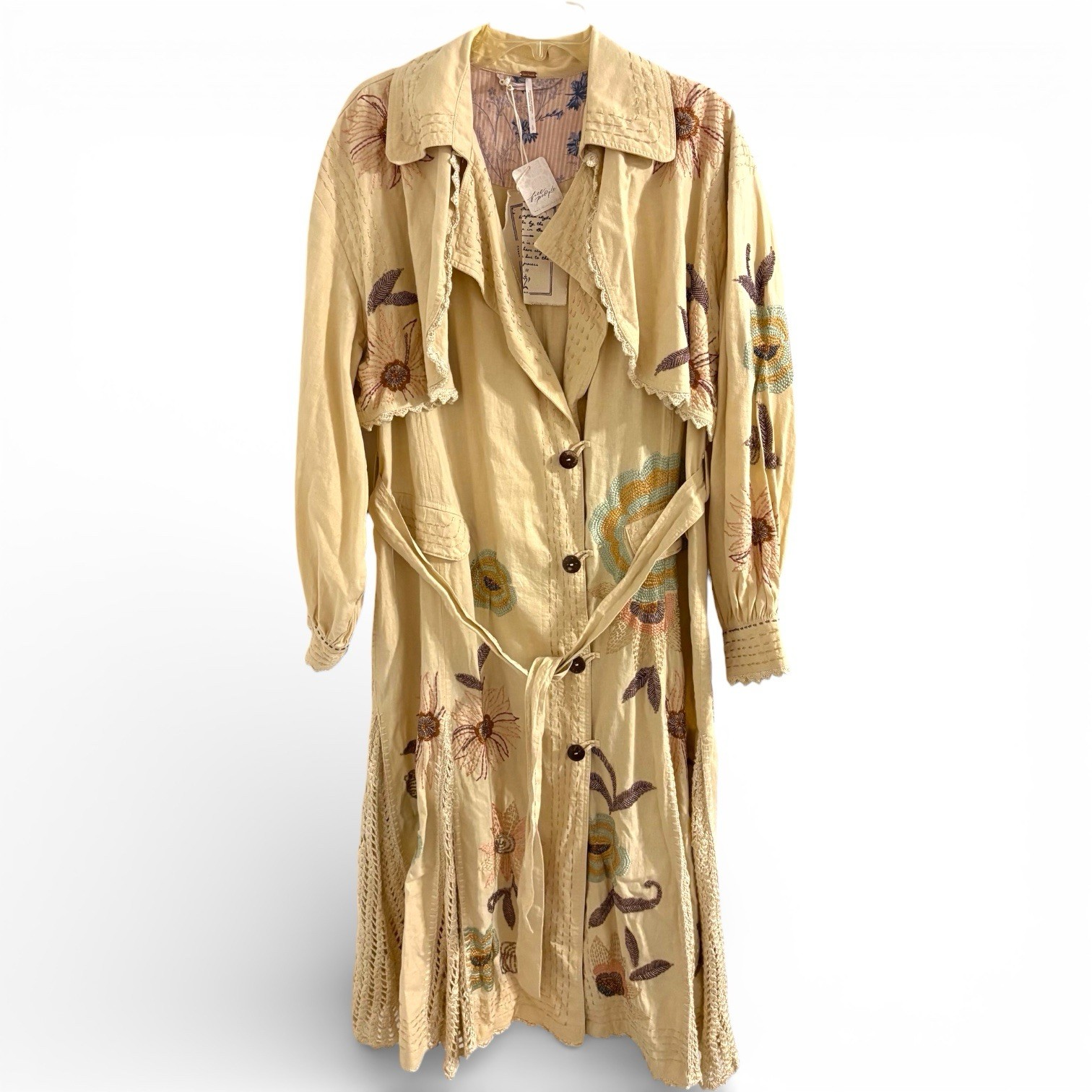 Free People small Trench coat Forget me Not linen blend beaded floral jacket