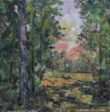 Art Original Oil Painting RM Mortensen "Sunset In The Forest" Landscape 12"x 12"