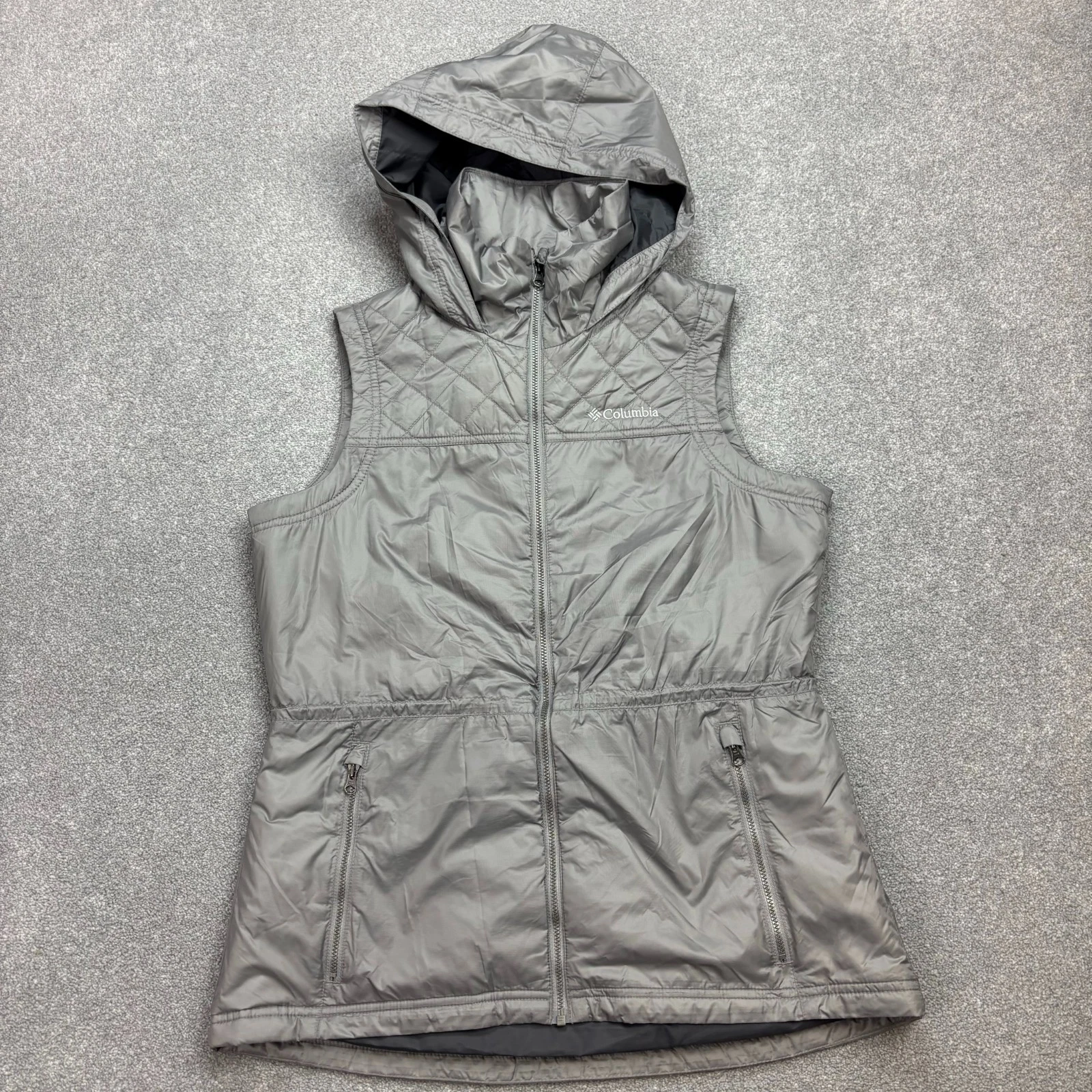 Columbia Jacket Womens Medium Grey Vest Gilet Insulated Hood Lined Coat Lady*