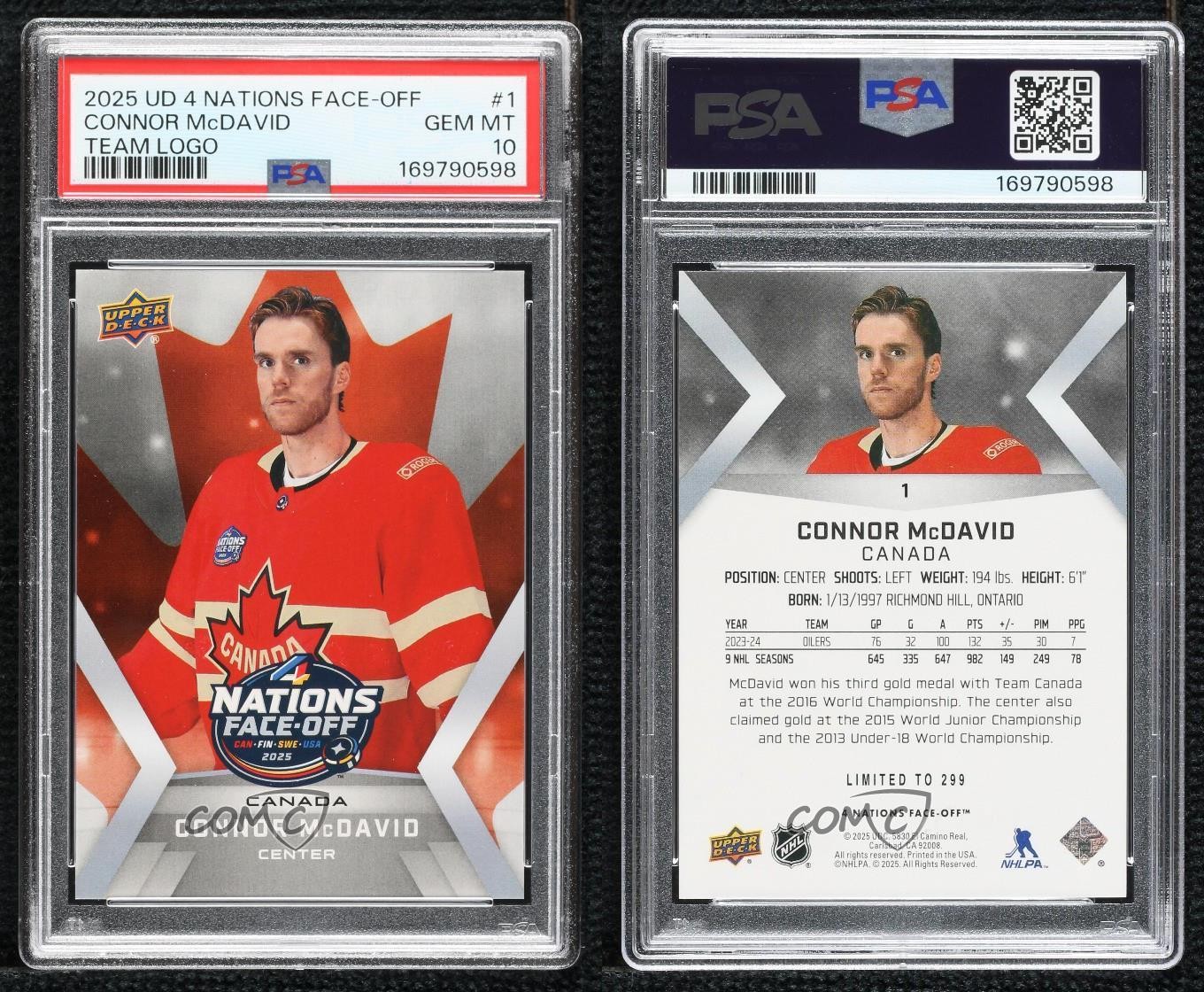 2024 UD 4 Nations Face-Off Country Team Logo /299 Connor McDavid PSA 10 GEM MT view 3