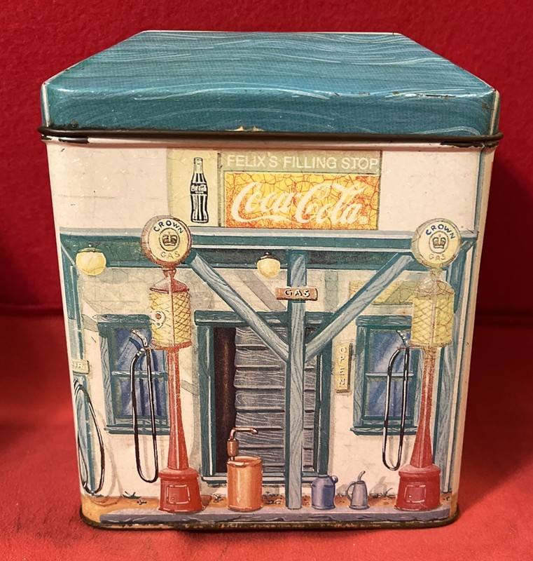 Vintage Coca Cola Collectible Tin Can 1990’s Gas Station Felix’s Filling Stop