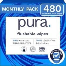 Pura XL Flushable Adult Wipes Unscented, Extra Large 40 Count Pack of 12 