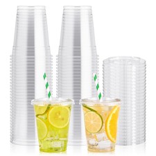 [100 Pack] 12 oz Clear Plastic Cups with Flat Slotted Lids, Disposable Drinki...