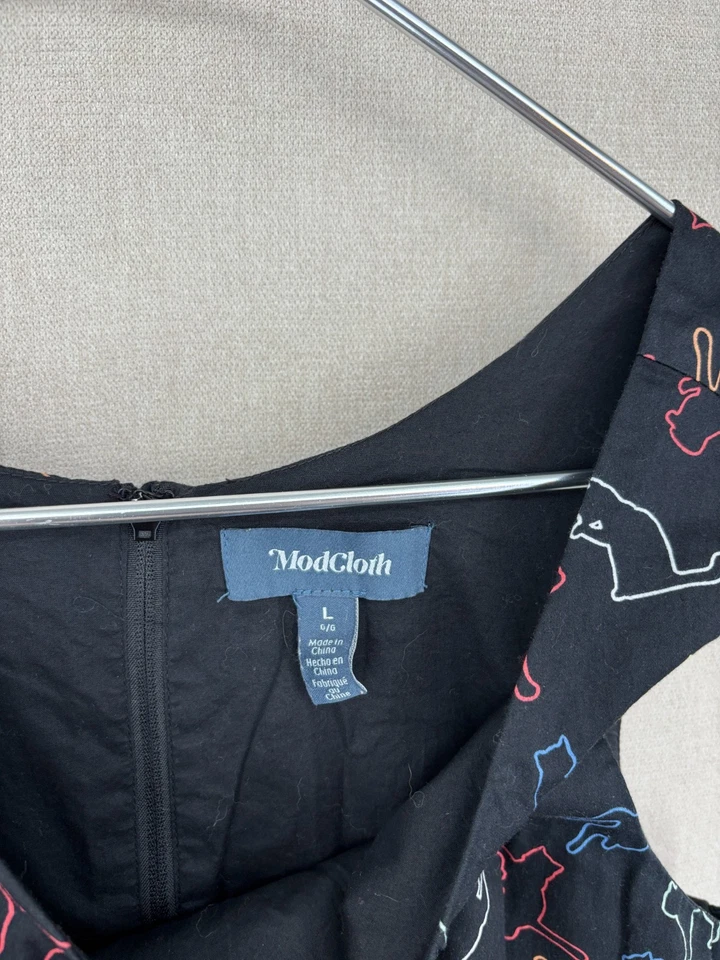 Vestido Modcloth L Negro Estampado de Gato Sin Mangas Ajuste Acampanado Bolsillos Retro Foto 3 de 4