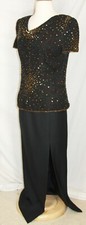 Papell Evening MOB Mother of the Bride dress gown 2 piece skirt top sequin black