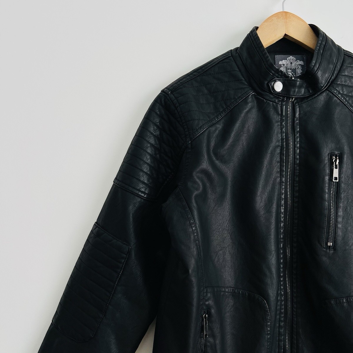 Bleu Grandeur Men Small Faux Leather Moto Jacket Black NWT Sherpa