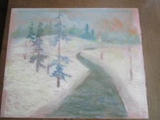 Original Pastel By Peg Humphreys, Snow Covered River to the Church 15.5"x 12.5"