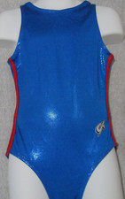GK Elite Leotard Blue Metallic Double Stripes Gymnastics CS Childs Girls S