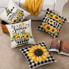 4 Piece Daisy Sunflower Throw Pillow Cover Linen Printed Sofa Cushion Cover