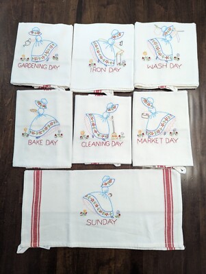 SET/7 CHORES x WEEK 100%cotton KITCHEN TOWELS w/Hand Embr ''BELLE  w/BONNET'', NEW