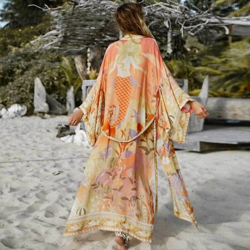 XL Boho Sirena Kimono Maxi Largo Plumero Playa Túnica De Colección Años 70 Ins Mujer X-GRANDE NUEVO CON ETIQUETAS
