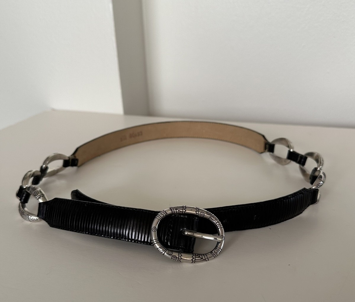 Vintage Brighton Black Leather & Silver Ring Belt Size L 20603 Waist Belt Brighton Medium Silver Belts for Women for sale | eBay main image 3
