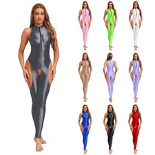 Womens Oil Shiny Thong Bodysuit Bodystocking Jumpsuit Leggings Cutout Nightwear
