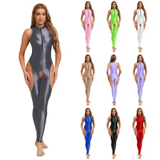 Womens Oil Shiny Thong Bodysuit Bodystocking Jumpsuit Leggings Cutout Nightwear