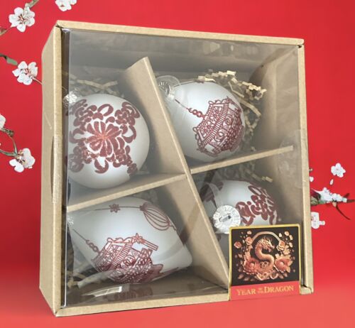 Year of the Dragon Glass Ornaments set of 4 New White w/ Red Glitter - Picture 1 of 2