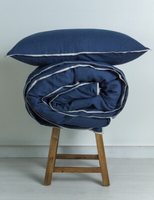 M Home French Linen Quilt Cover Navy with Fine Stripe Trim