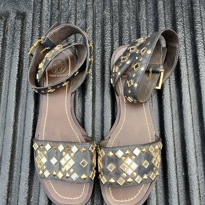 Tory Burch Wrap Around Ankle Sandals With Gold Accents