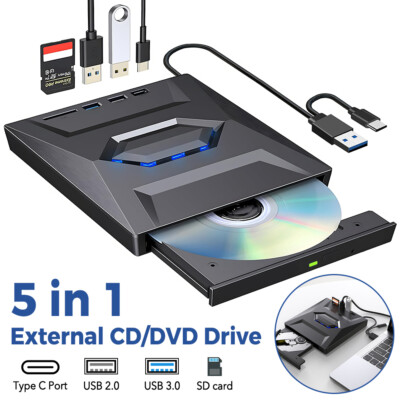 5in1 External CD DVD Drive USB 3.0 Writer Burner Player for Laptop Windows 11 10