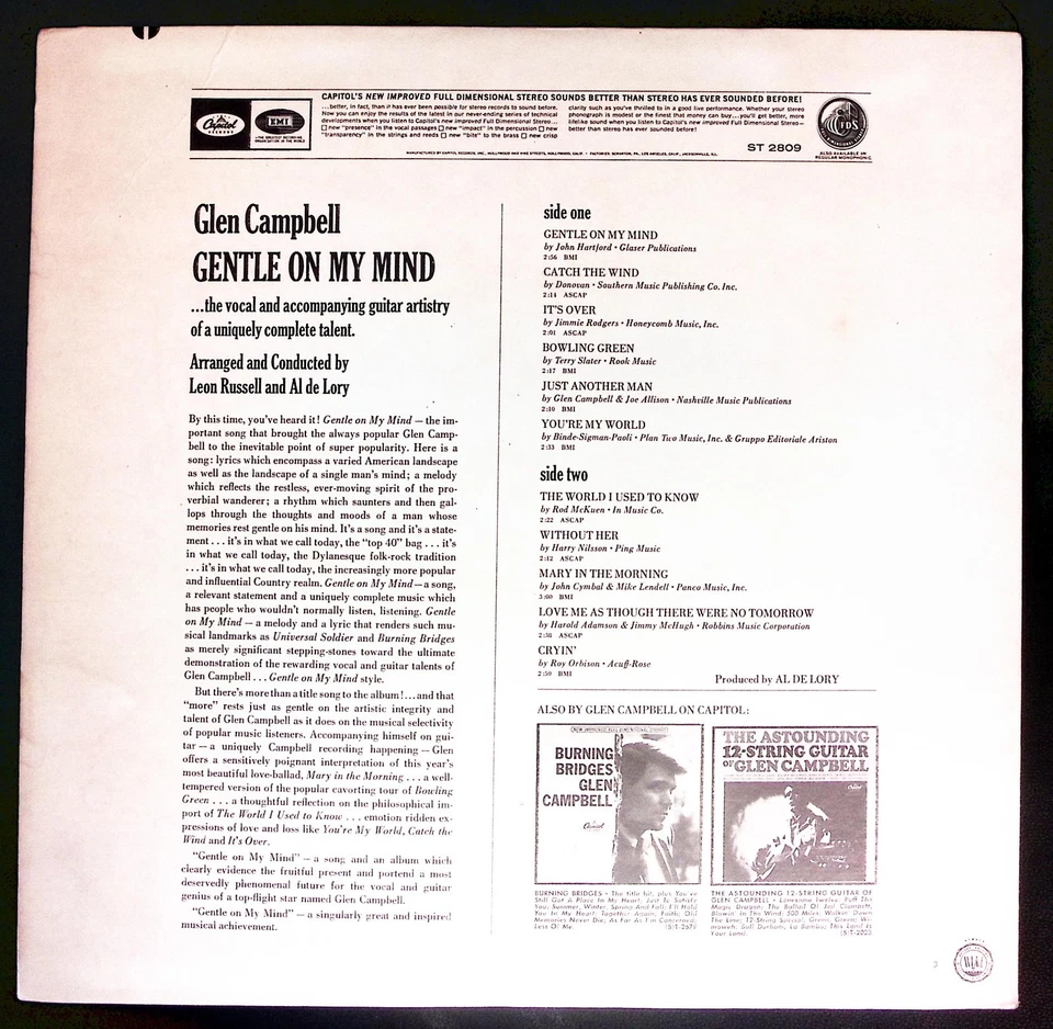 GLEN CAMPBELL   GENTLE ON MY MIND  CAPITOL RECORDS VINYL LP 224-39 - Image 2 of 4