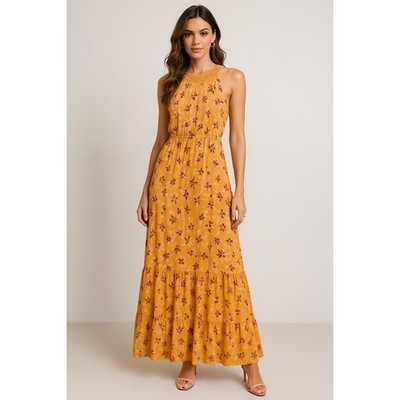 Daniel Rainn Dress Women M Orange Crochet Halter Floral Tiered Resort Flowy Midi