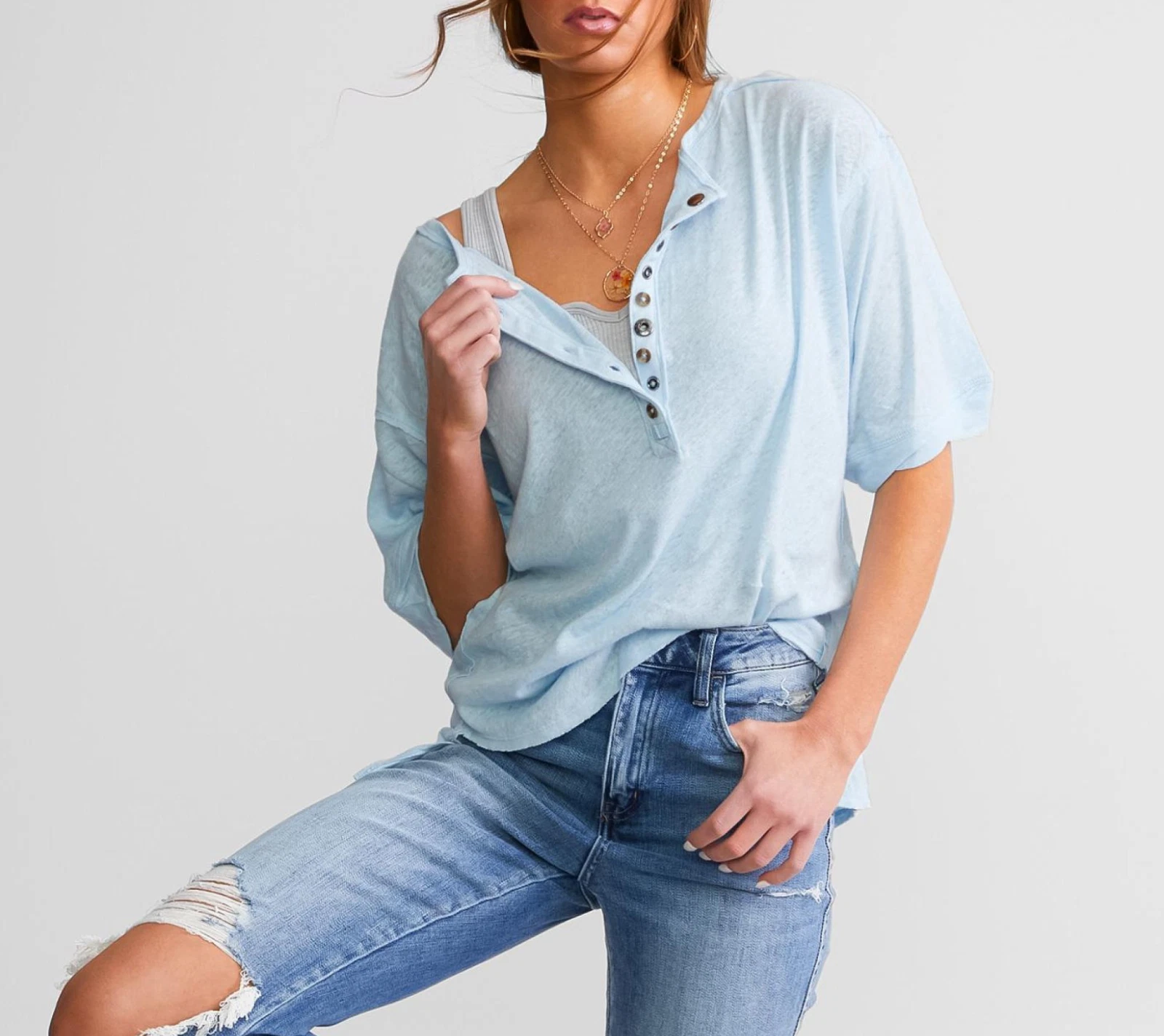 Free People We the Free Cool Air Blue Short Sleeve Maribell Henley Top Sz L