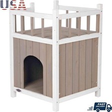 Wooden Cat House Outdoor Indoor Shelter W/ Balcony Easy Assembly Pet Hideaway US