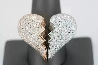 4Ct Round Cut 14K 2 Tone Gold Plated Real Moissanite Broken Heart Wedding Ring