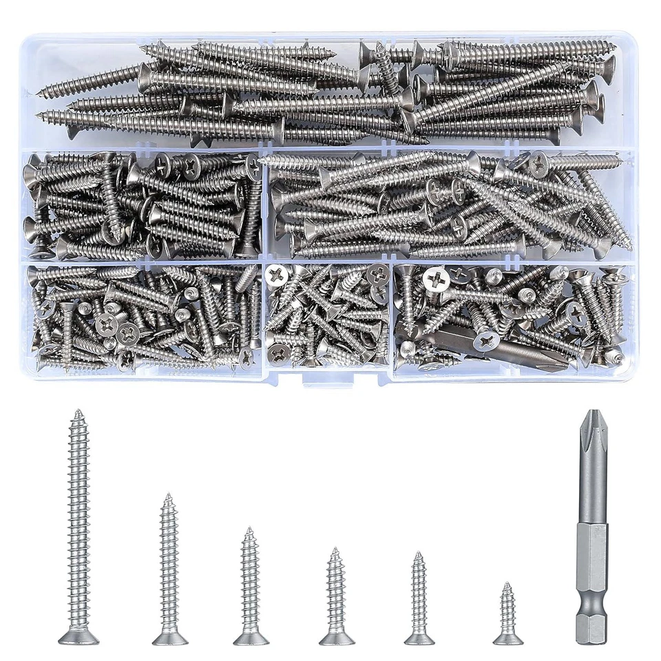 HAOCHEN 300 Pcs Stainless Steel Wood Screws, Cross Drive Flat Head Screws Assortment for