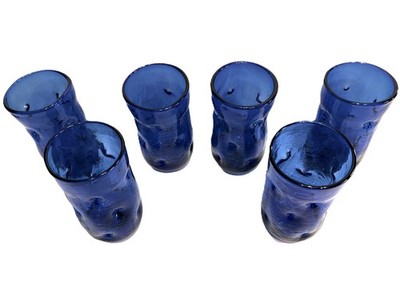 VTG MCM 6 Blenko Cobalt Blue Dimpled Pinched Glass 6'' Tumblers