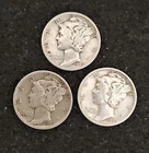 LOT OF THREE (3):  90% SILVER MERCURY DIMES 1945-D,1945-P, 1945-P