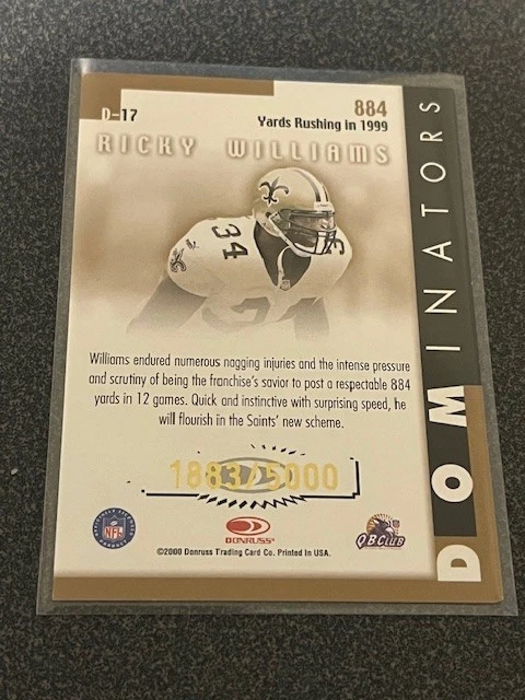 2000 Donruss Dominators 1883/5000 Ricky Williams #D-17 Saints - Image 2 of 2