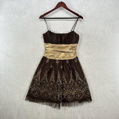 Vintage Masquerade Dress Juniors 7/8 Brown Gold Beaded Tulle Mini 90s Fairy