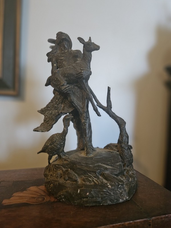 Antique Statue Native American Plains Warrior, Deer, Rabbit, Turkey, Metal, Sgnd