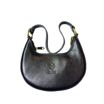 Women Leather Crescent Bag Top Grain Leather Crossbody Bag Half Moon Bag (Black)