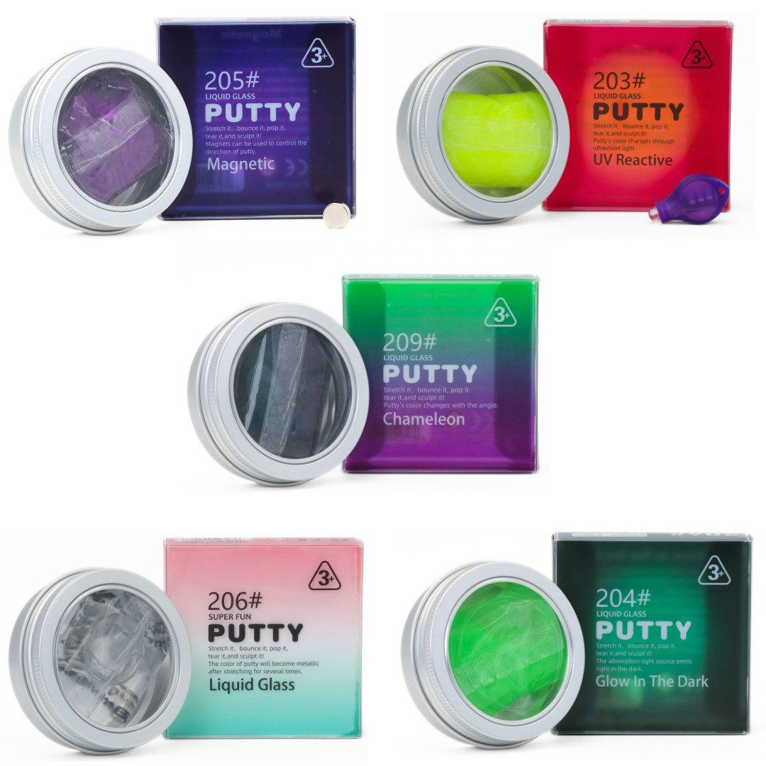 5-Pack Liquid Glass Putty Set – Reactive, UV, Chameleon, Glow, Super Stretch Toy