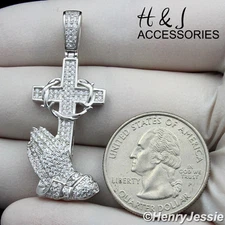 MEN 925 STERLING SILVER ICY BLING CZ 3D PRAYING HANDS CROSS PENDANT*SP134