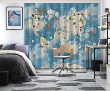 3D Cartoon World Map A6229 Photo Curtain Window Blockout Fabric Amy 2024