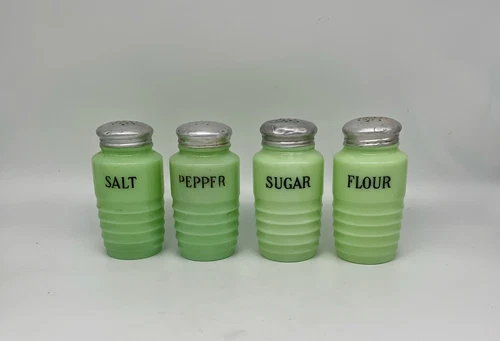 Vintage Jadeite ribbed Flour sugar salt pepper shakers Jeanette range top glass