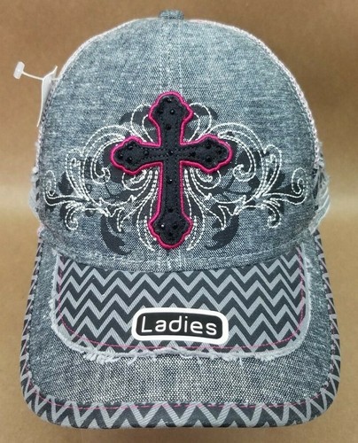 Ladies Fit Women's Cross Distressed Mesh Hat Cap Adjustable  Gray Pink - Afbeelding 1 van 7