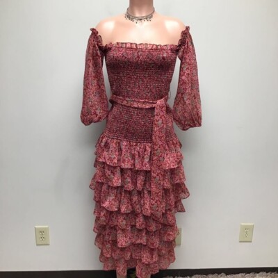 Likely Womens Mitzie Tiered Dress Brown Floral Midi Stretch Smocked Ruffle 6 New