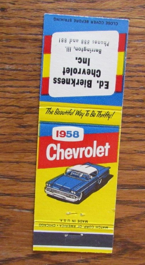 1958 CHEVROLET CAR DEALER MATCHBOOK COVER ED BIERKNESS BARRINGTON