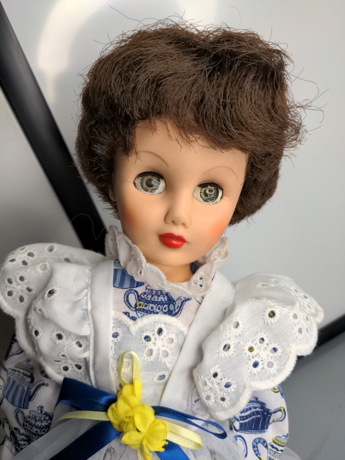 Vintage 14R Doll Brown Hair Blue White Teapot Dress Yellow Bow Pre