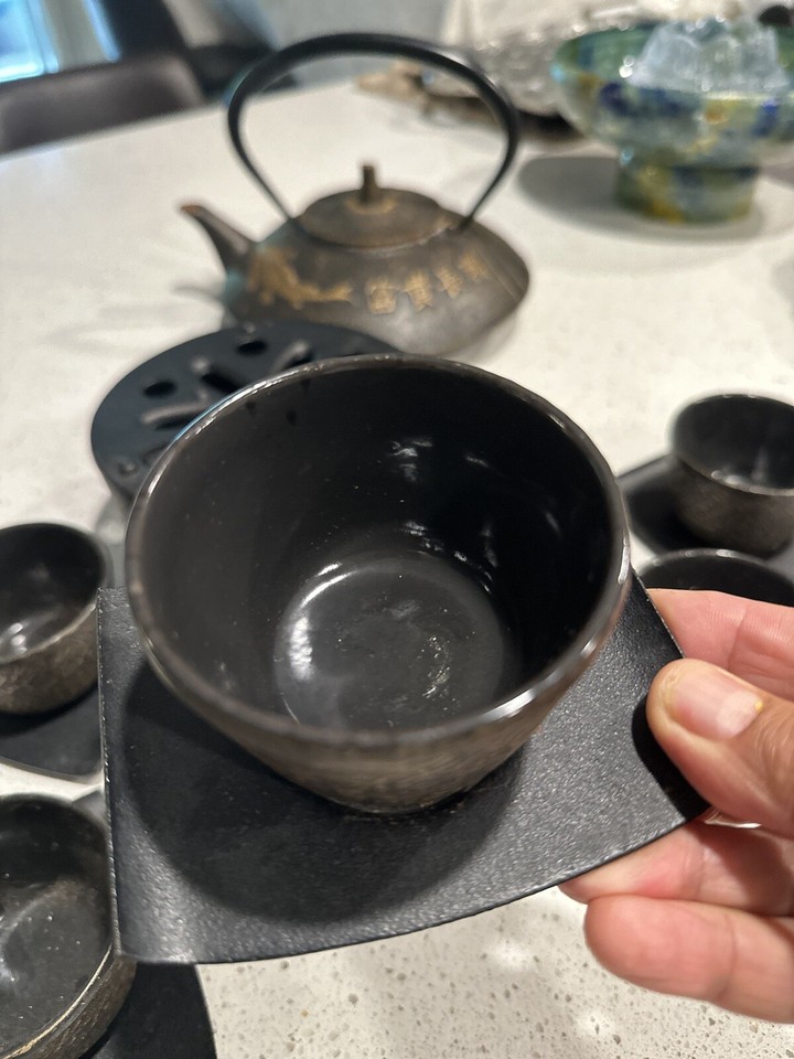 Koi fish Teavana Cast Iron Kettle Teapot Cups Saucers Tea Warmer Set Of