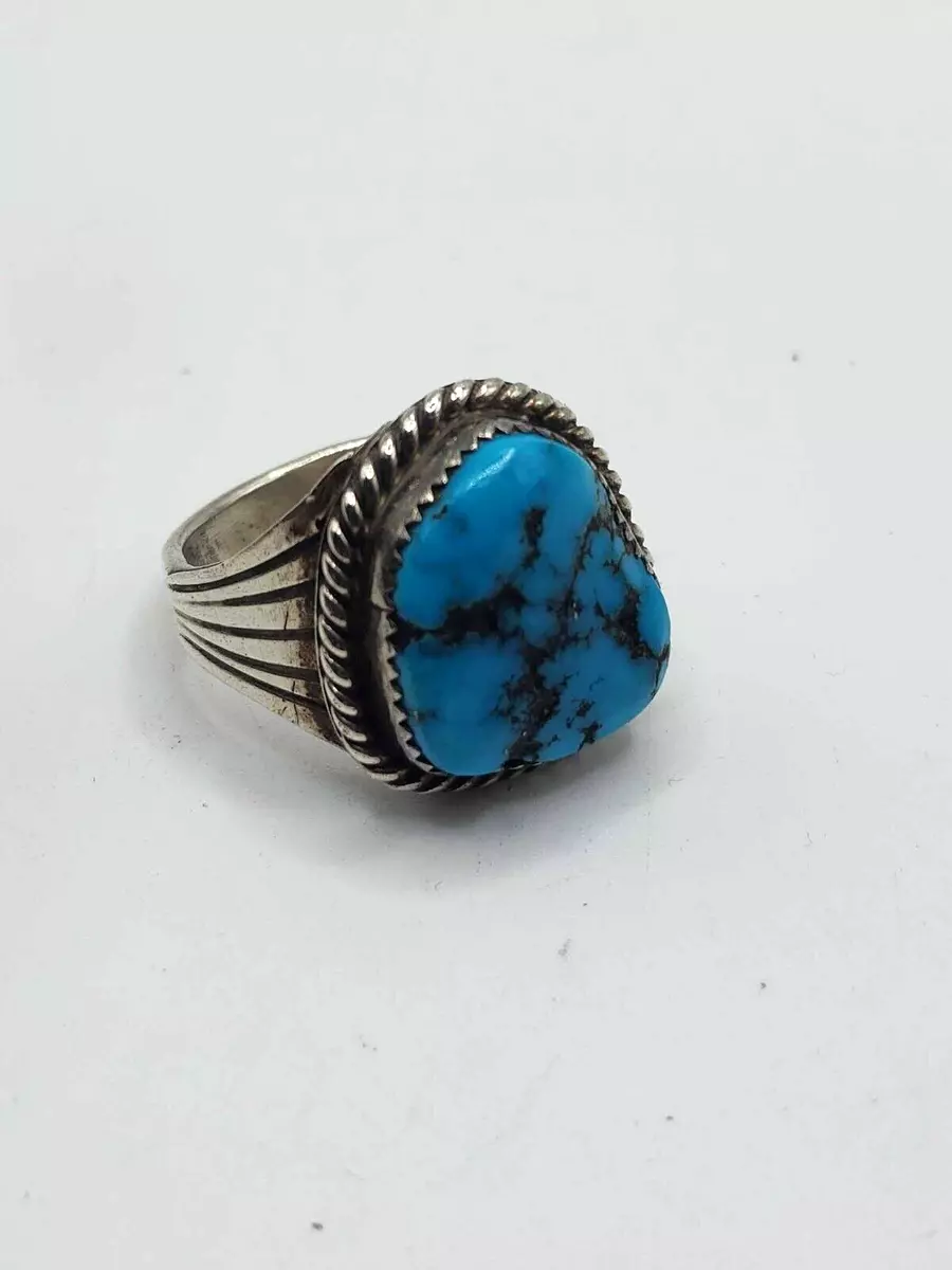 NATIVE AMERICAN NAVAJO RUNNIG BEAR STERLING SILVER TURQUOISE RING SIZE 12 C751