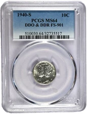 1940-S PCGS MS64 DDO FS-101 & DDR FS-901 Mercury Dime