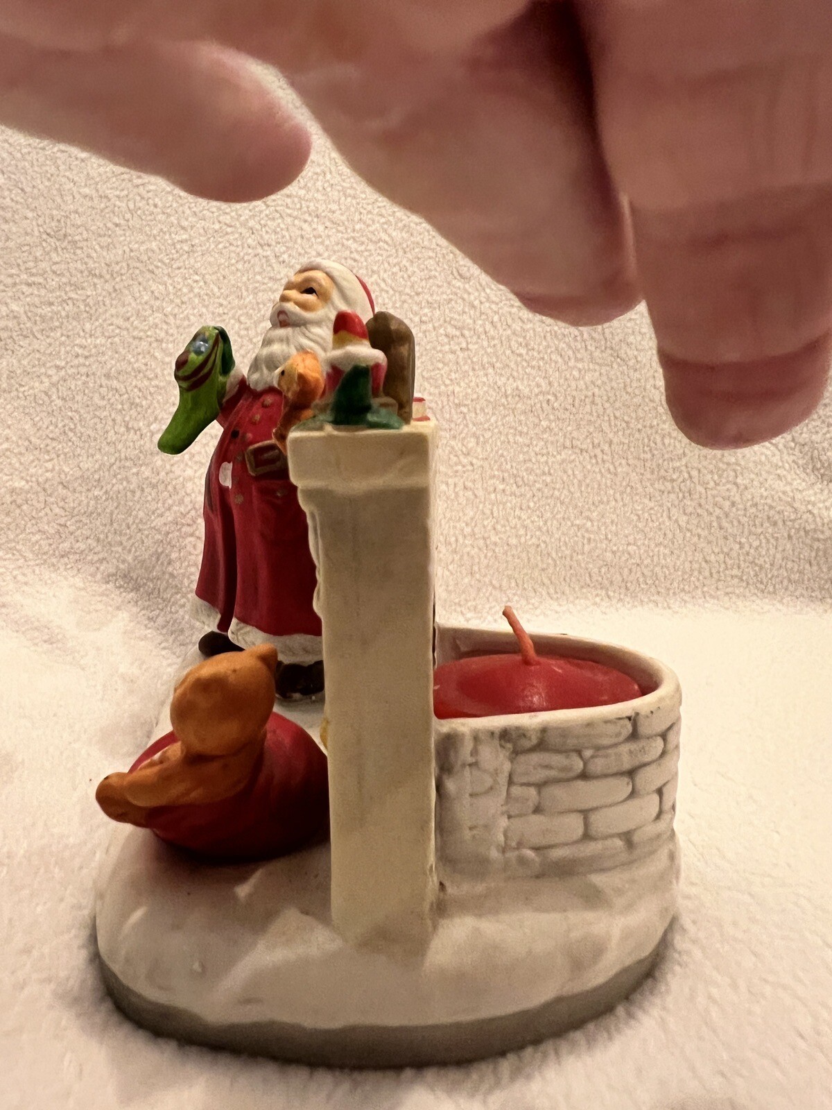 Vintage Porcelain Christmas Tea Light Holder, Santa by the Fireplace