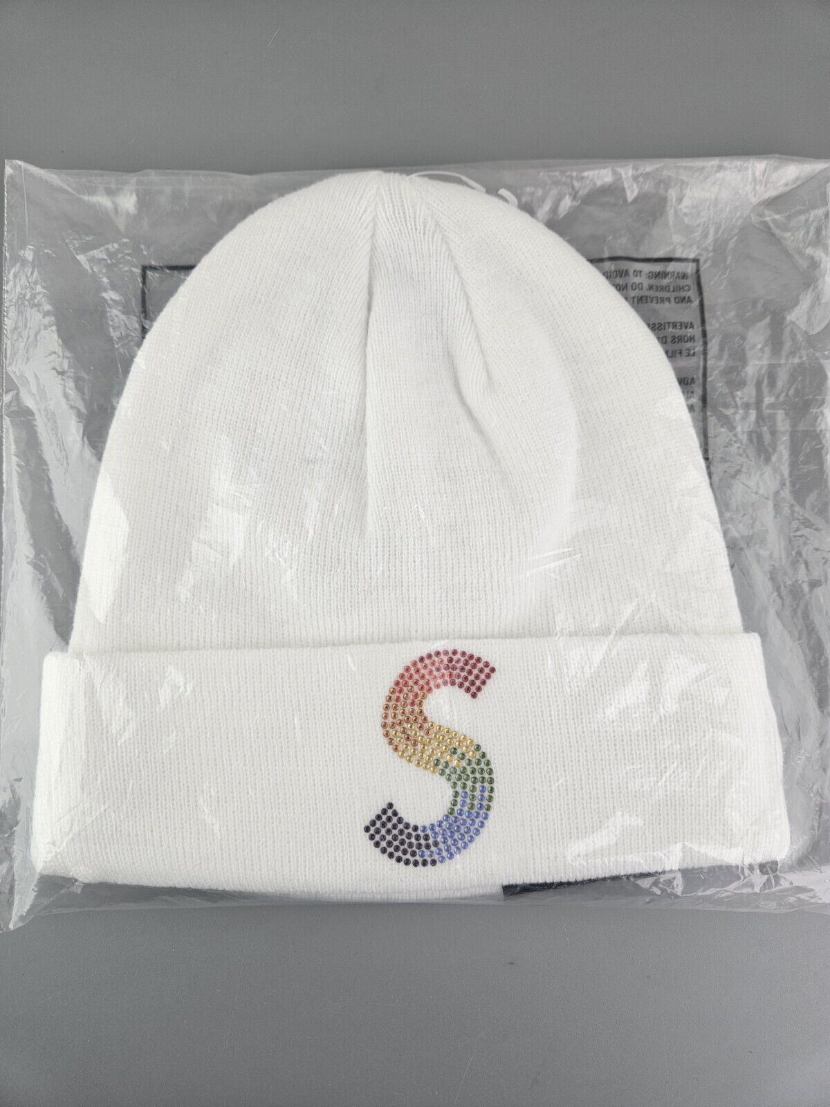 NEW SUPREME x SWAROVSKI x NEW ERA "S" Logo White Rainbow Crystal Beanie SOLD OUT